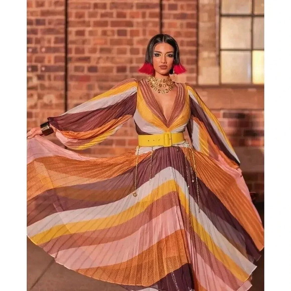 Acler Aston's Astone Brown Multi Way Stripes Asymmetric Hem Midi Dress Size 6